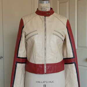 Vintage 90s Leather Moto Jacket Red Cream Cropped